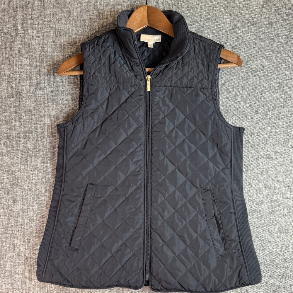 Womens Kenar Quilted Puffer Vest‎ | Size S | Black Ribbed Side Gold Snap Trim